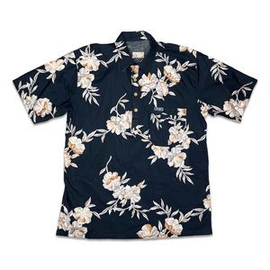 Vintage Tropical Style Fiji Dark Blue Floral Short Sleeve Button Down Shirt